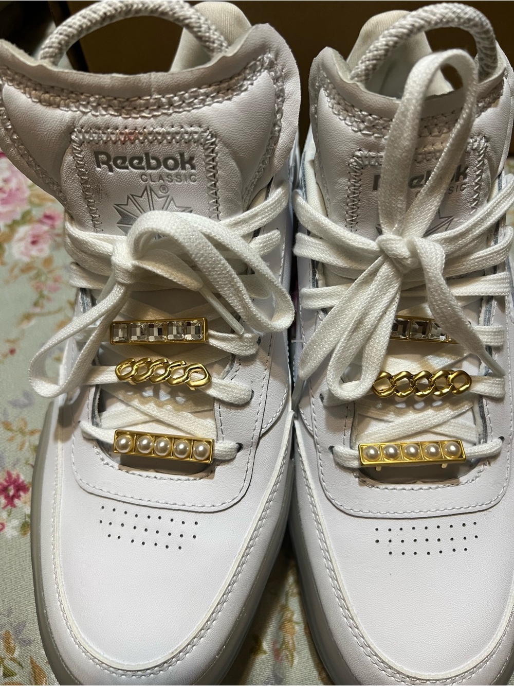 Reebok White Women's Sneakers with Gold Chain & Pearl Charms